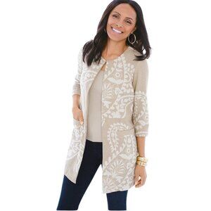 Chico’s NWT Bicolor Jacquard Jacket, Beige Cotton Linen Blend Women's Size 1P